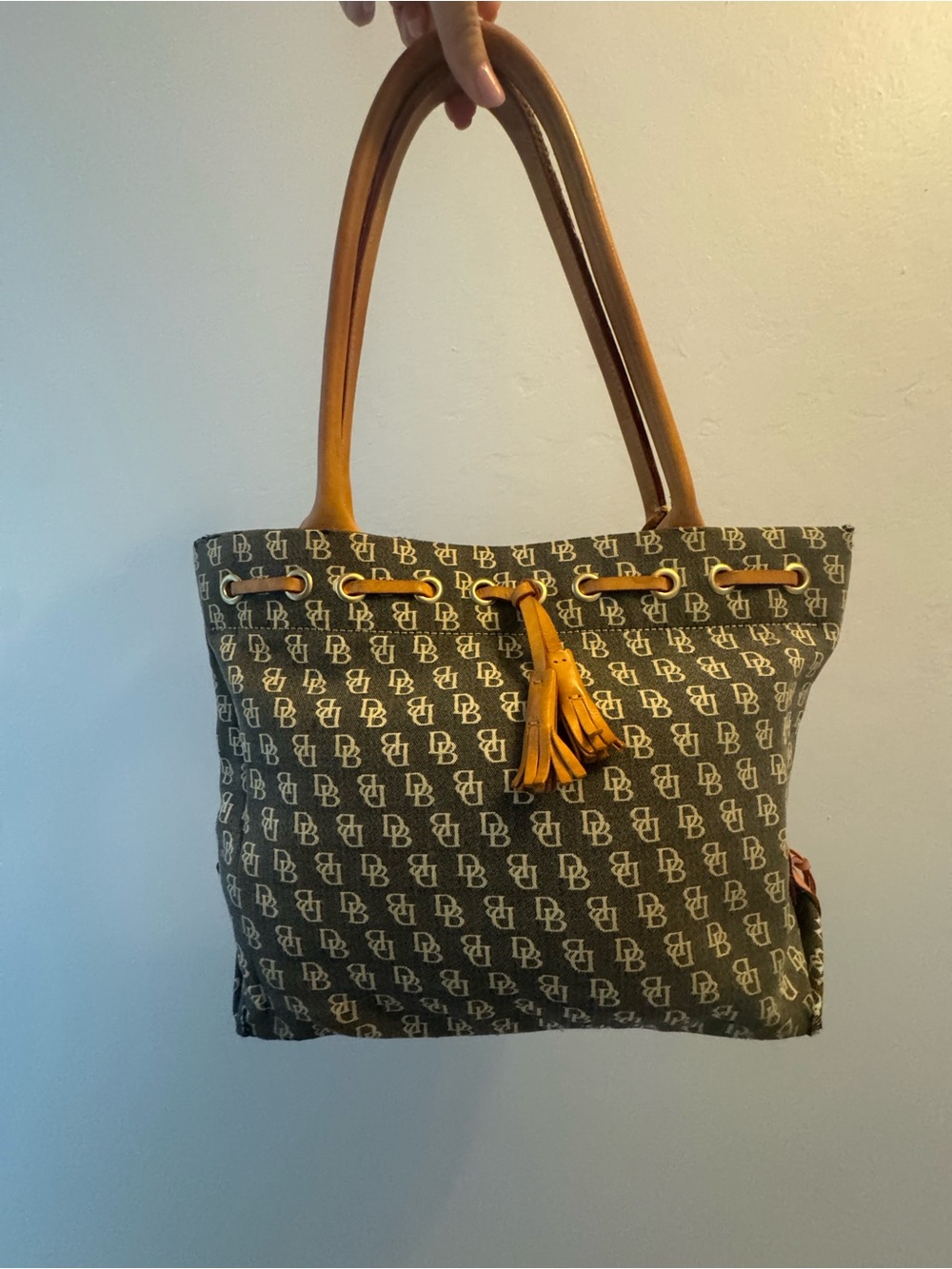 Dooney & Bourke Brown Monogram Canvas Tote with Tan Leather Accents